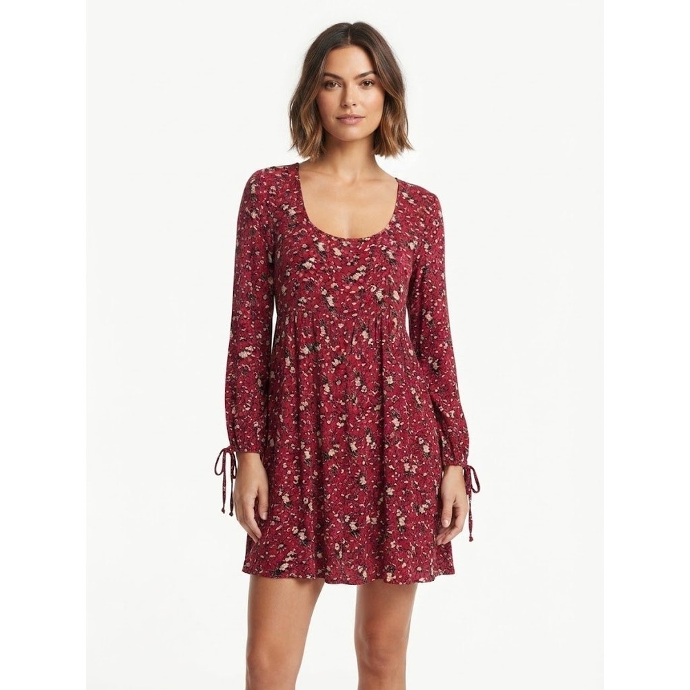 American Eagle Red Floral Long Sleeve Mini Dress Scoop Neck Tie Cuff Small